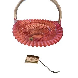 Vintage Fenton Cranberry Opalescent Hobnail Glass Basket 10" Clear Reeded Handle